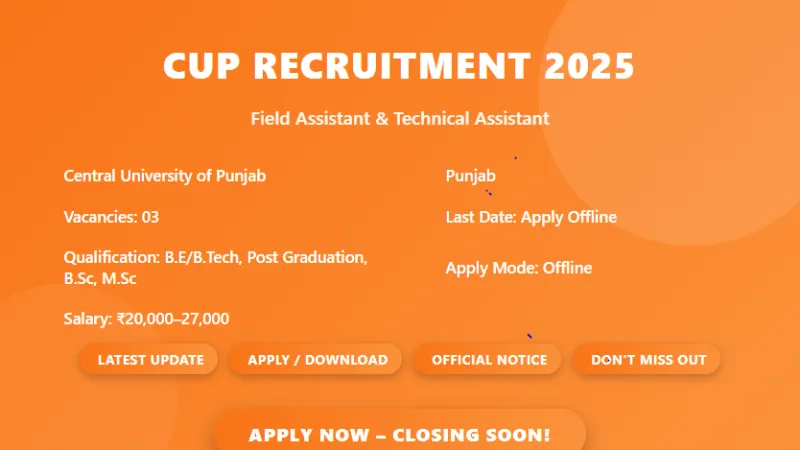 Central University of Punjab Recruitment 2025 for 03 Field Assistant and Technical Assistant Posts