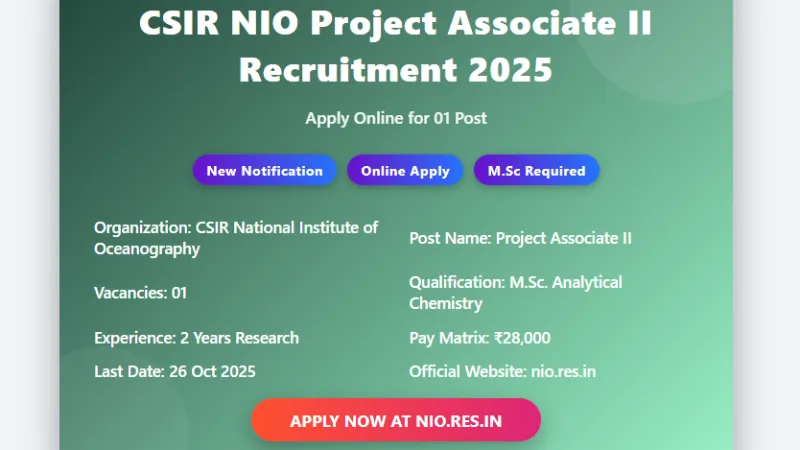 CSIR NIO Project Associate II Recruitment 2025 Online Application for M.Sc Candidates