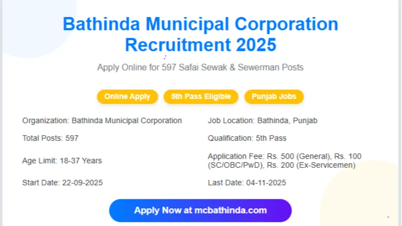 Bathinda Municipal Corporation Safai Sewak and Sewerman Recruitment 2025 – Apply Online for 597 Posts